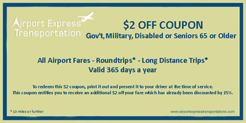 Use our military, disabled and senior coupons for discounts on airport shuttle service to Baltimore Washington International Airport (BWI), Washington Dulles International Airport (IAD), Ronald Reagan Washington National Airport (DCA) and Philadelphia Airport(PHL).